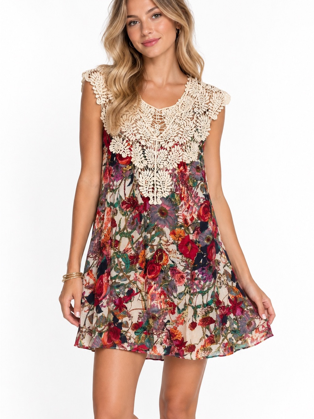 Umgee Crochet Yoke Floral Swing Dress in Cream and Multicolor Size Medium